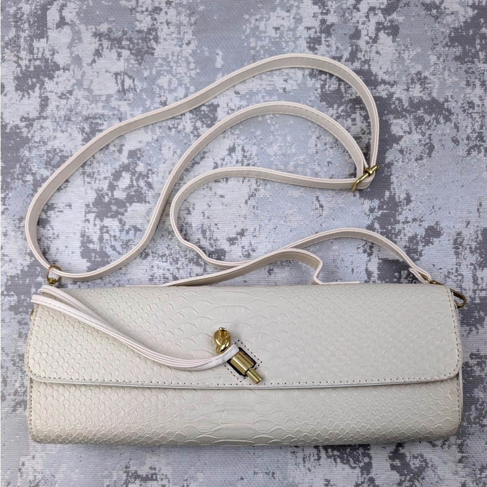 Cream Snakeskin Embossed Baguette Crossbody Bag Gold Hardware Tassel Turn-lock